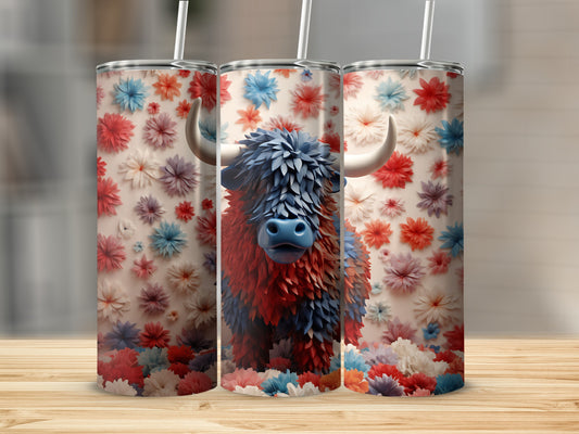 Three tumblers with a fluffy Highland cow and floral pattern.