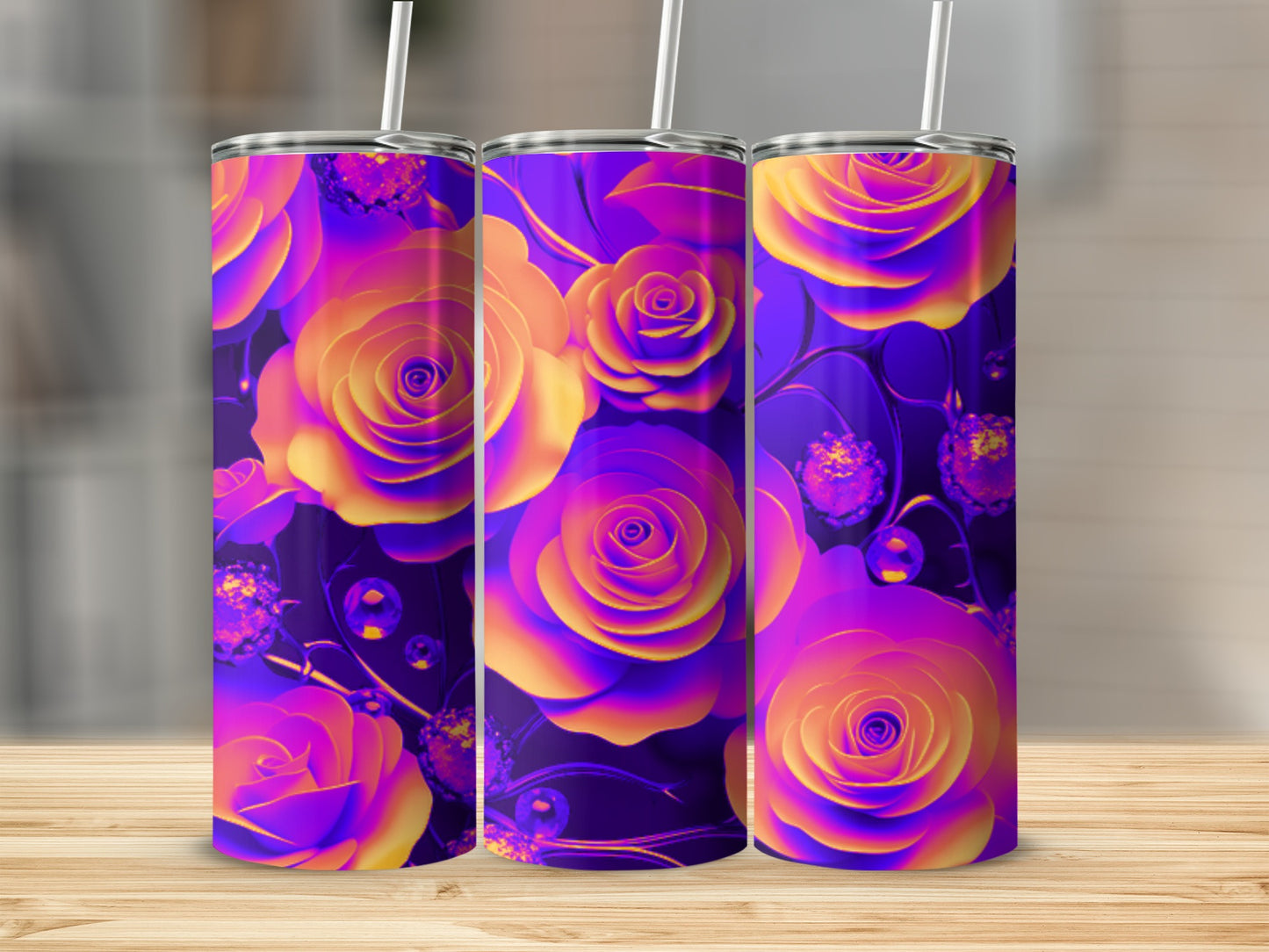 Floral tumbler with vibrant orange and purple rose design.