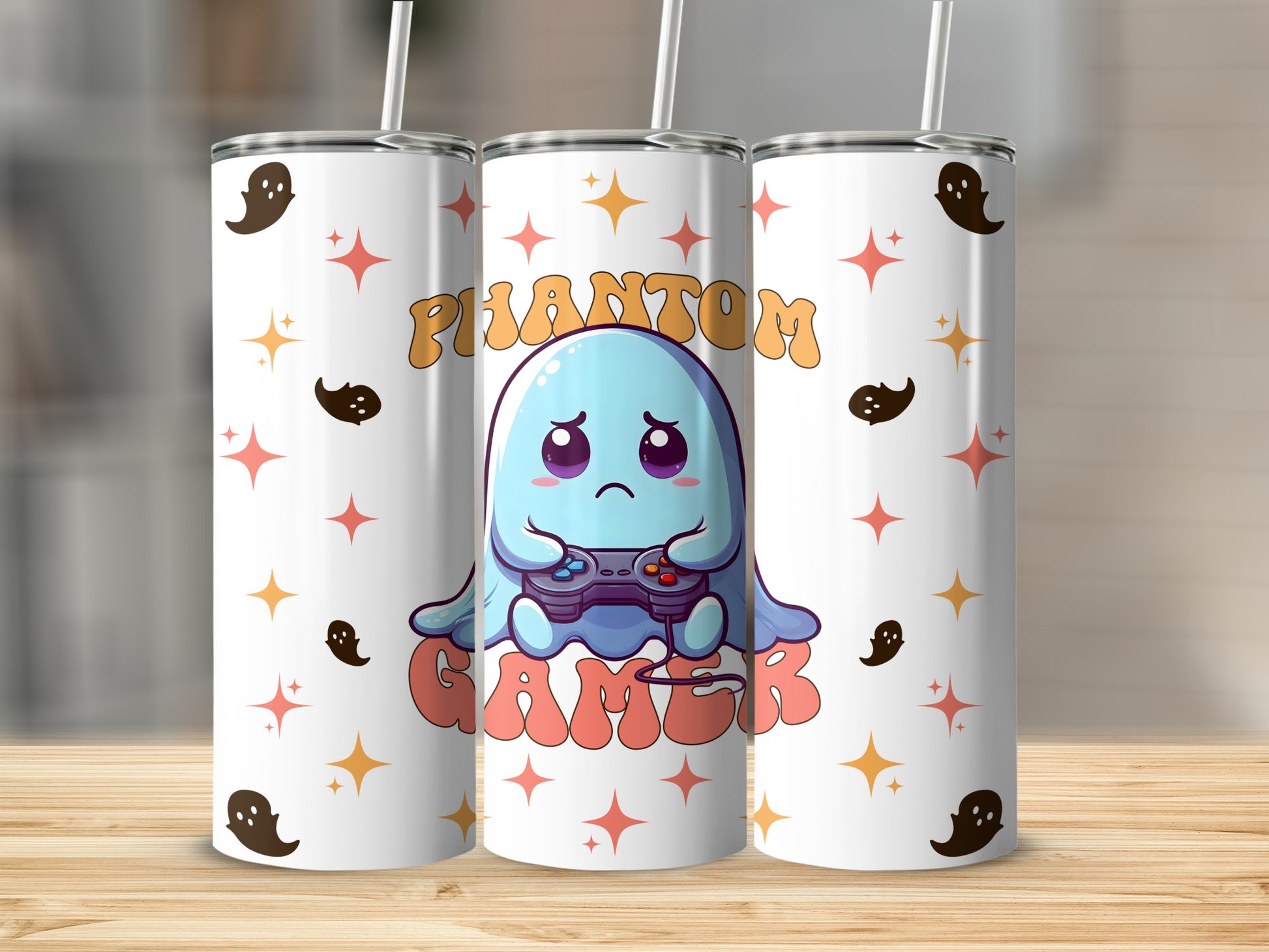 Cute ghost holding a game controller, with "Phantom Gamer" text.