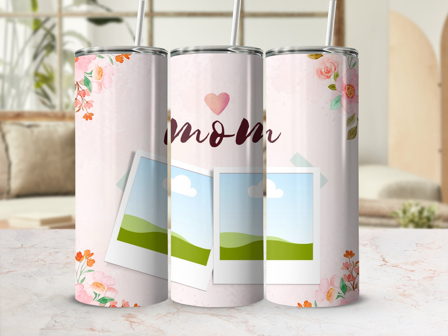 Pink floral tumbler with "Mom" text and two photo frames.