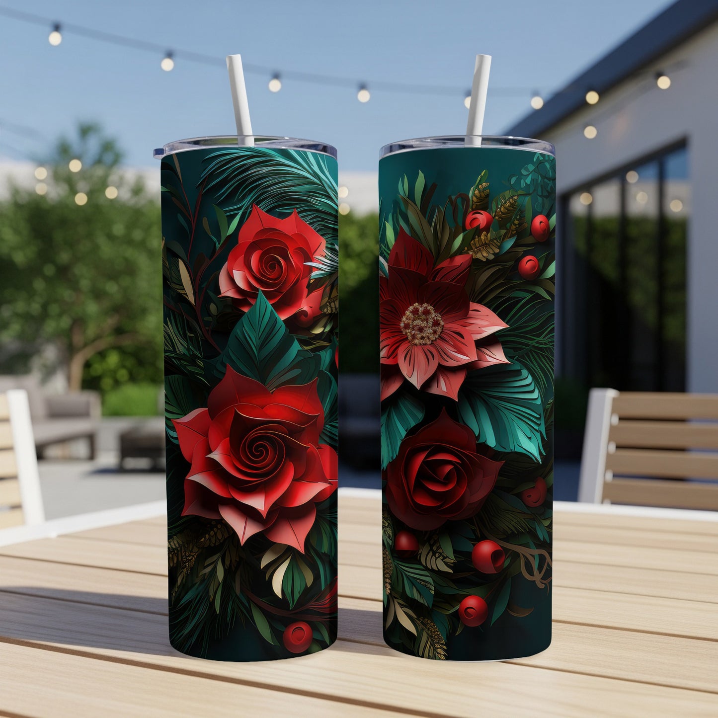 Two tumblers with a dark floral and red rose design.