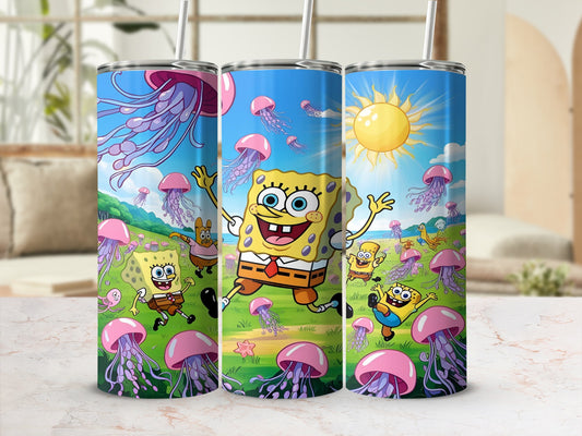 SpongeBob SquarePants characters playfully interacting with pink jellyfish under a bright sun.