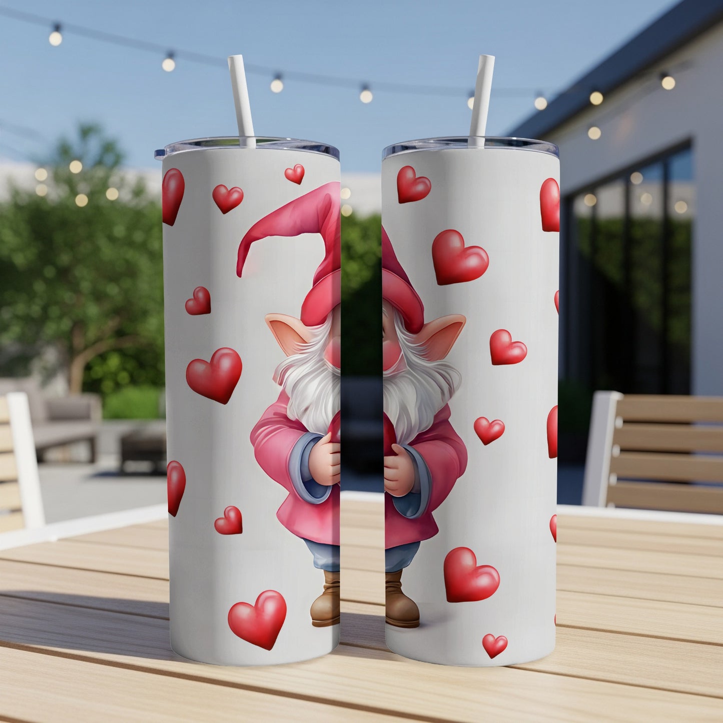 Gnome holding heart on white tumbler with red hearts.