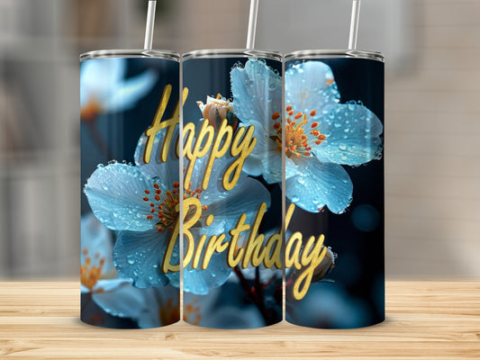 Blue flowers with "Happy Birthday" text on a dark background.