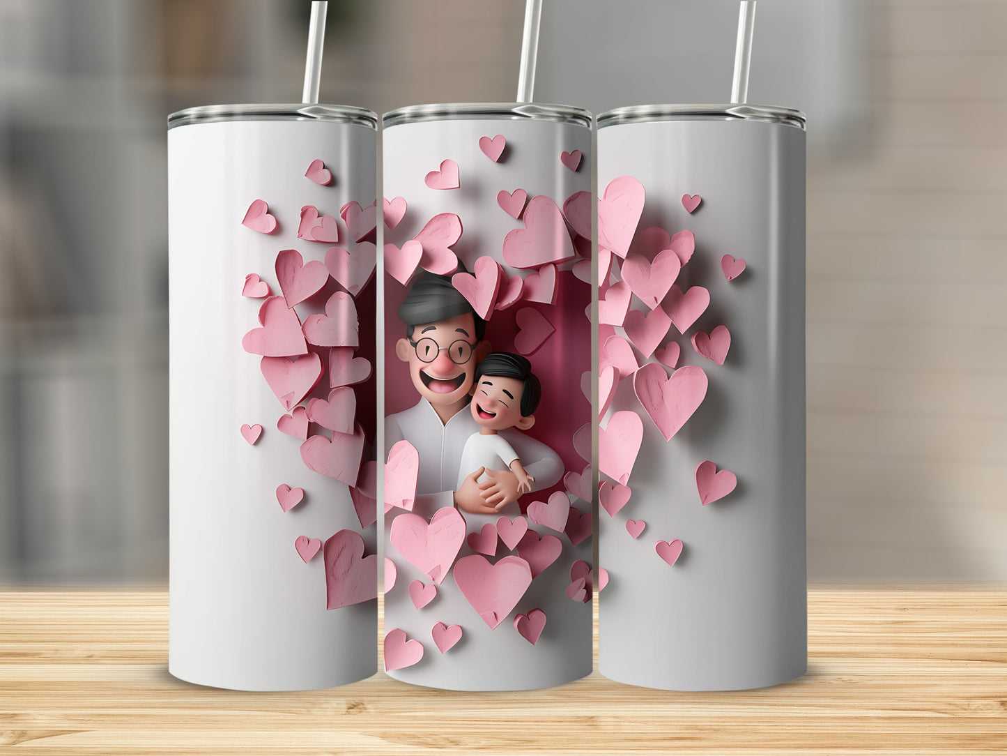 Tumbler with father and son hugging inside a heart of pink paper hearts.