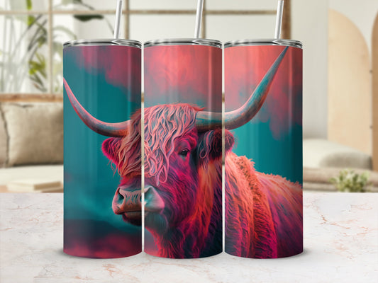 Highland cow with large horns, rendered in vibrant pink and blue.