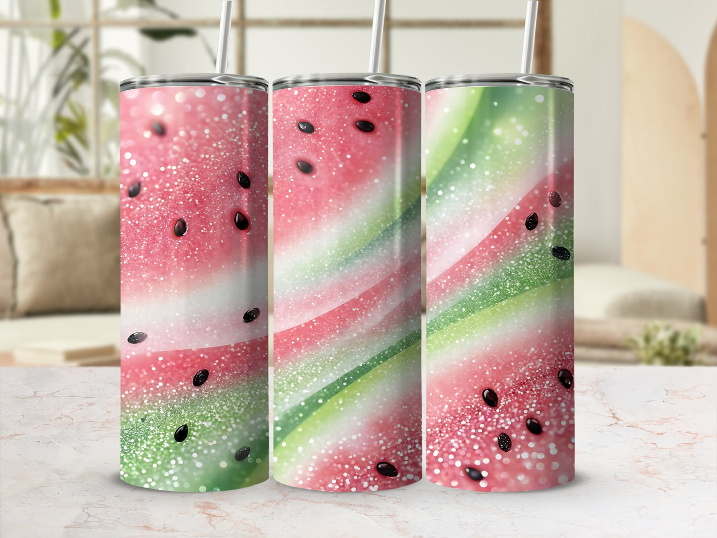 Three tumblers with watermelon slice and glitter design.