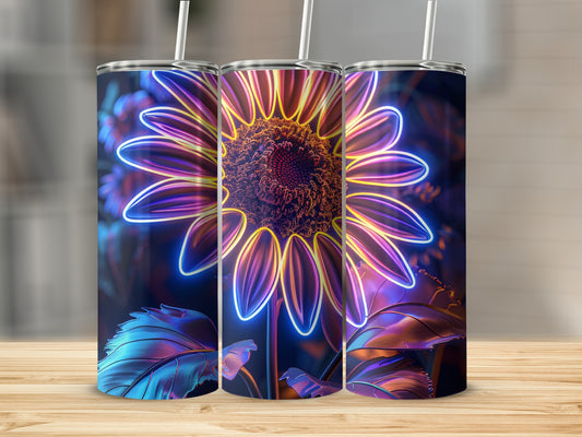 Three tumblers featuring a neon sunflower design.