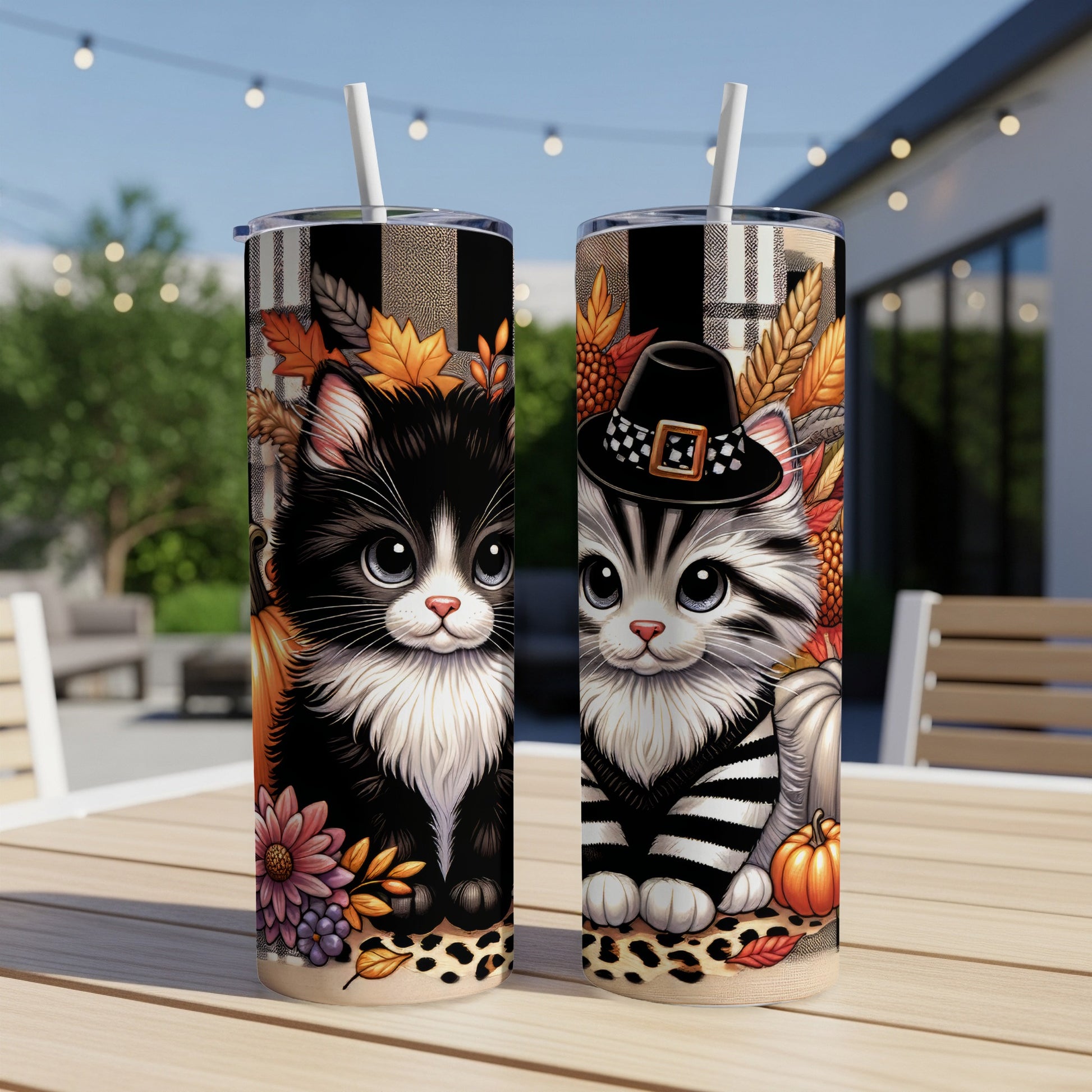 Two tumblers featuring cute cartoon cats in autumn attire.