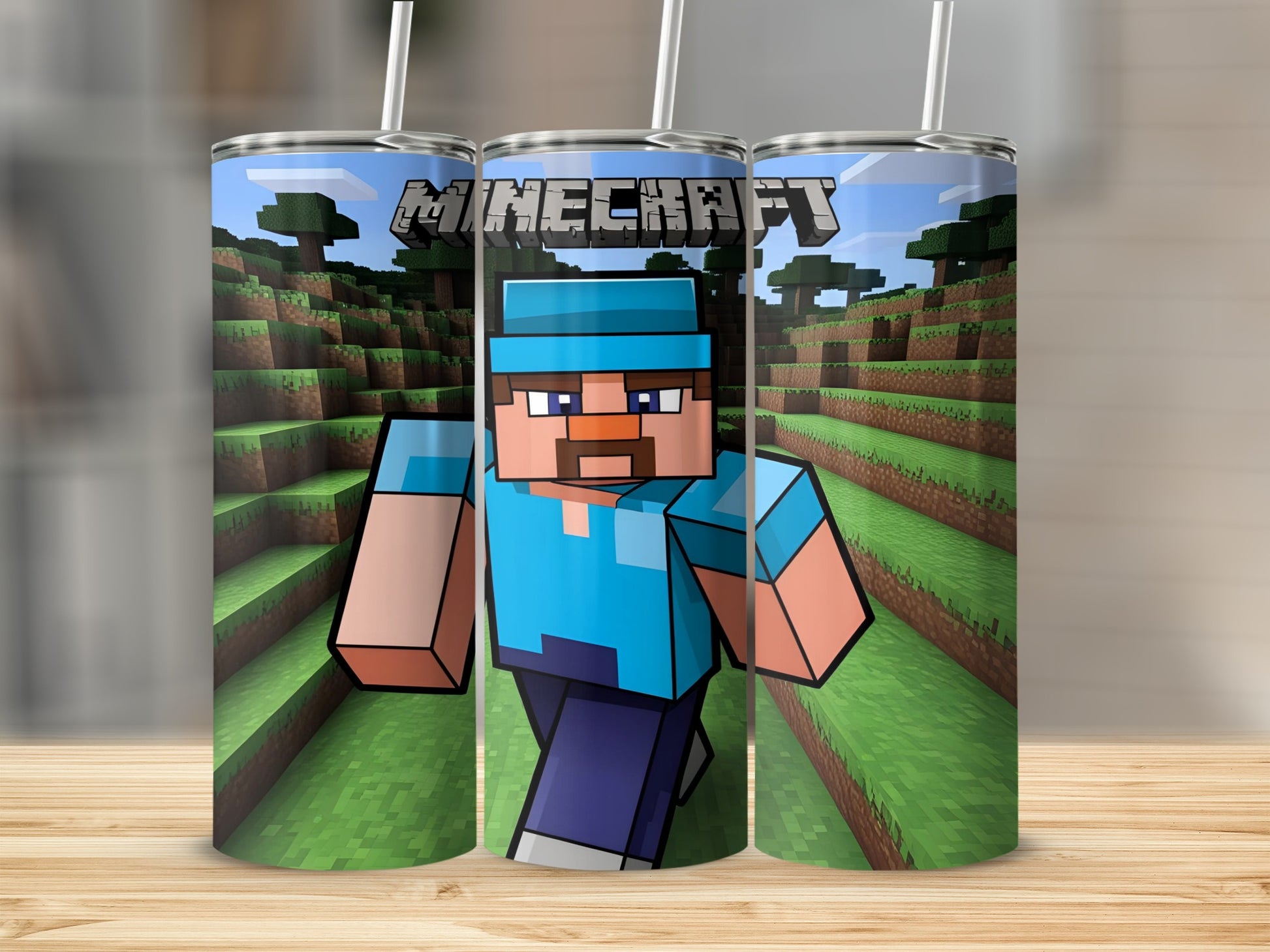 Minecraft Steve character on a green, wooded landscape tumbler.