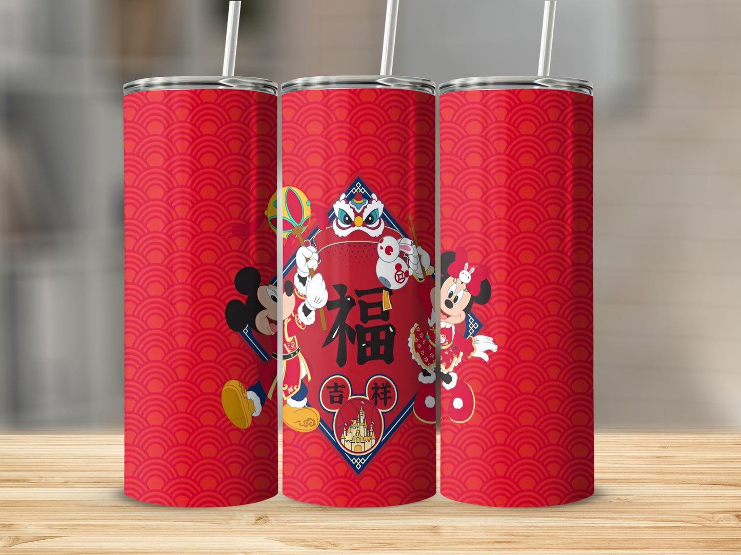 Three red tumblers with Mickey and Minnie Mouse characters and Chinese New Year motifs.