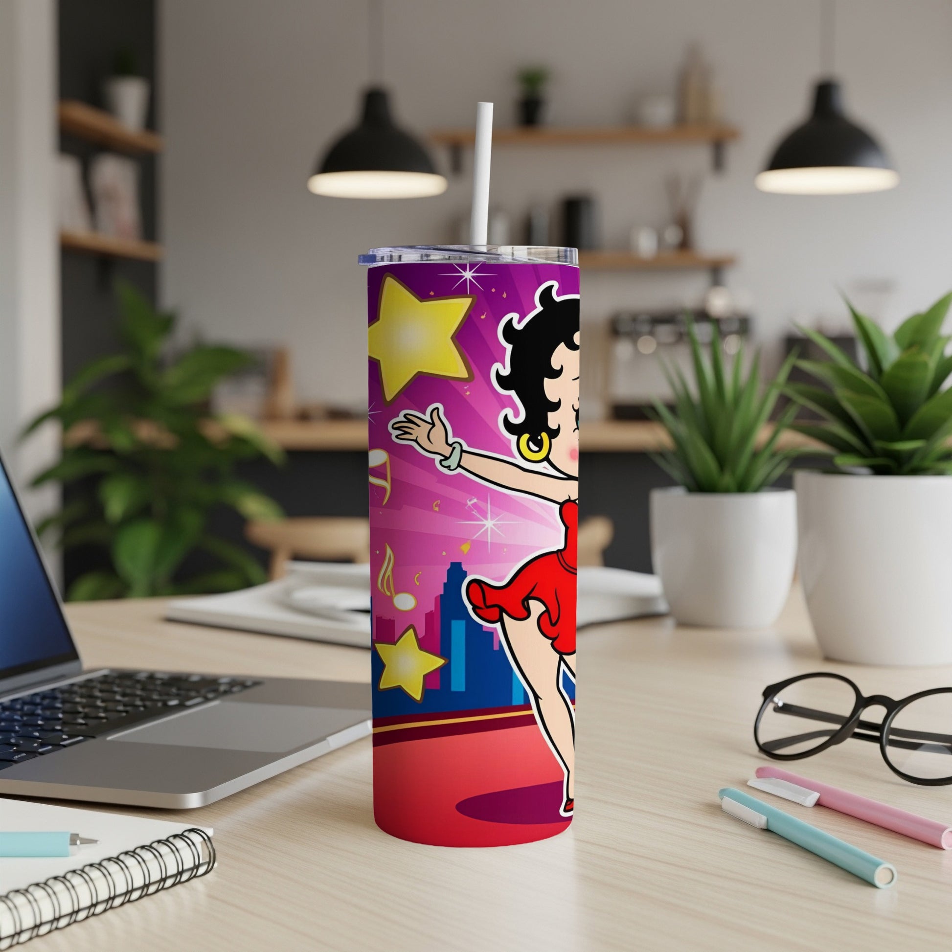 Betty Boop dancing in front of a pink cityscape with yellow stars.
