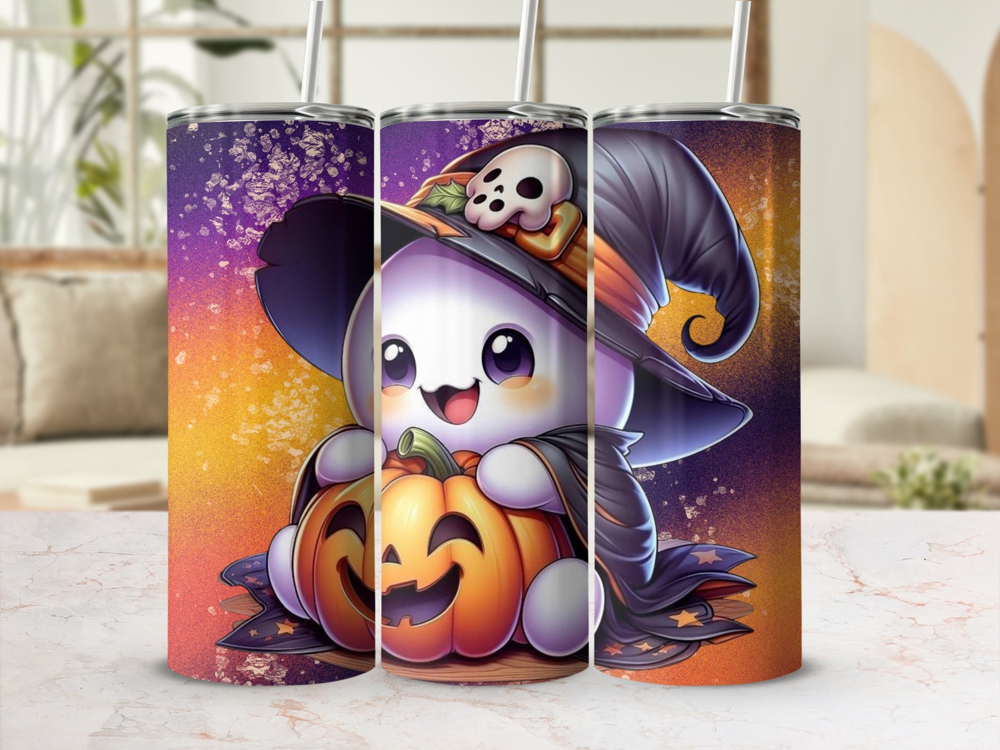 Adorable Halloween Ghost with Pumpkin Witch Hat Tumbler