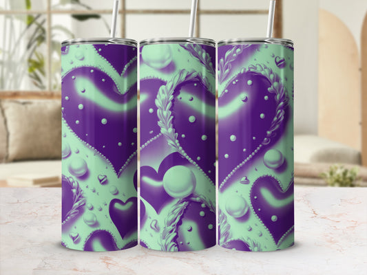 Purple and mint green heart pattern on three tumblers.