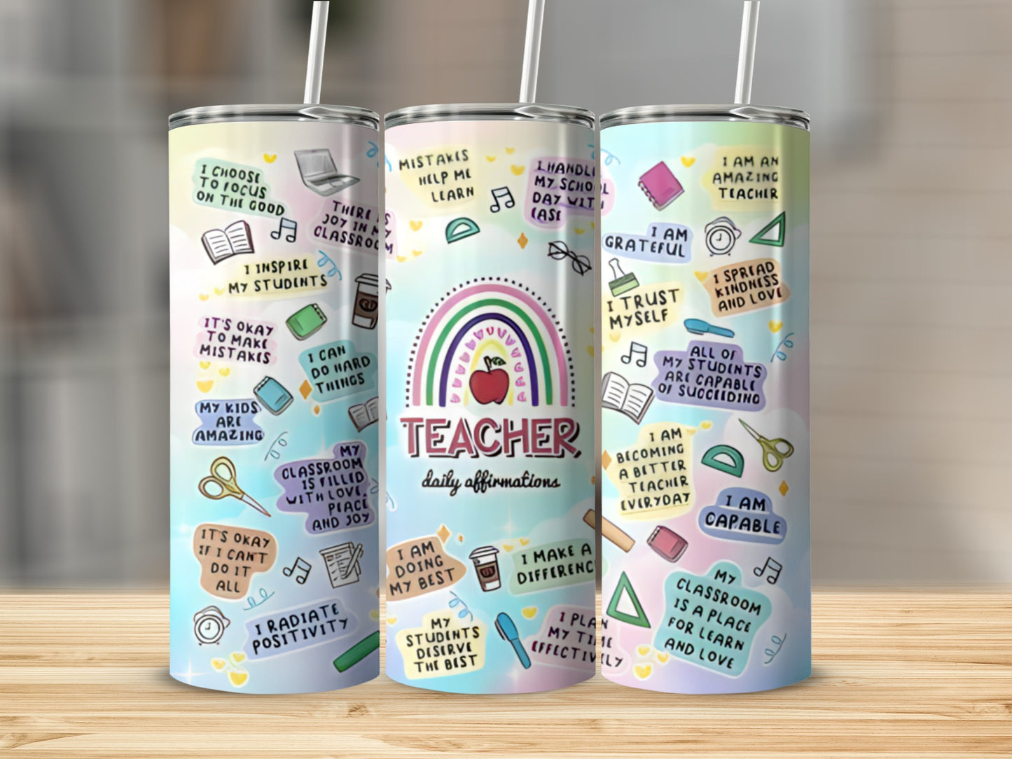Teacher Daily Affirmations Colorful Motivational Tumbler