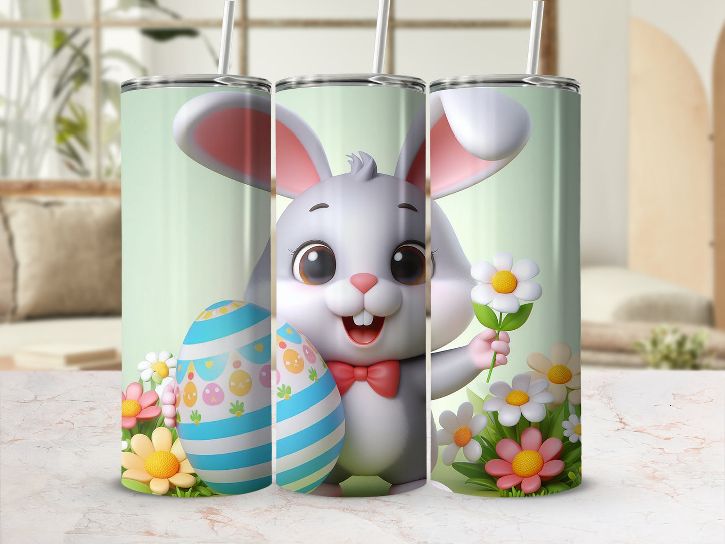 Easter bunny with egg, holding flower, on pastel background.