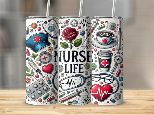 Tumbler with medical icons and "Nurse Life" text.