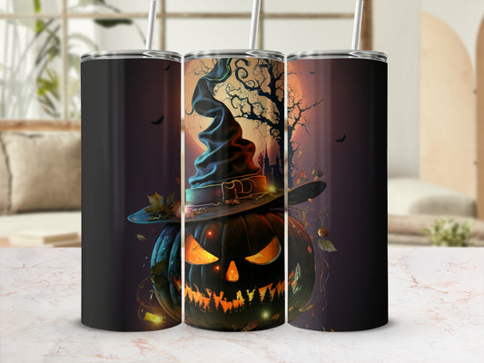 Three tumblers with a Halloween jack-o'-lantern and witch hat design.