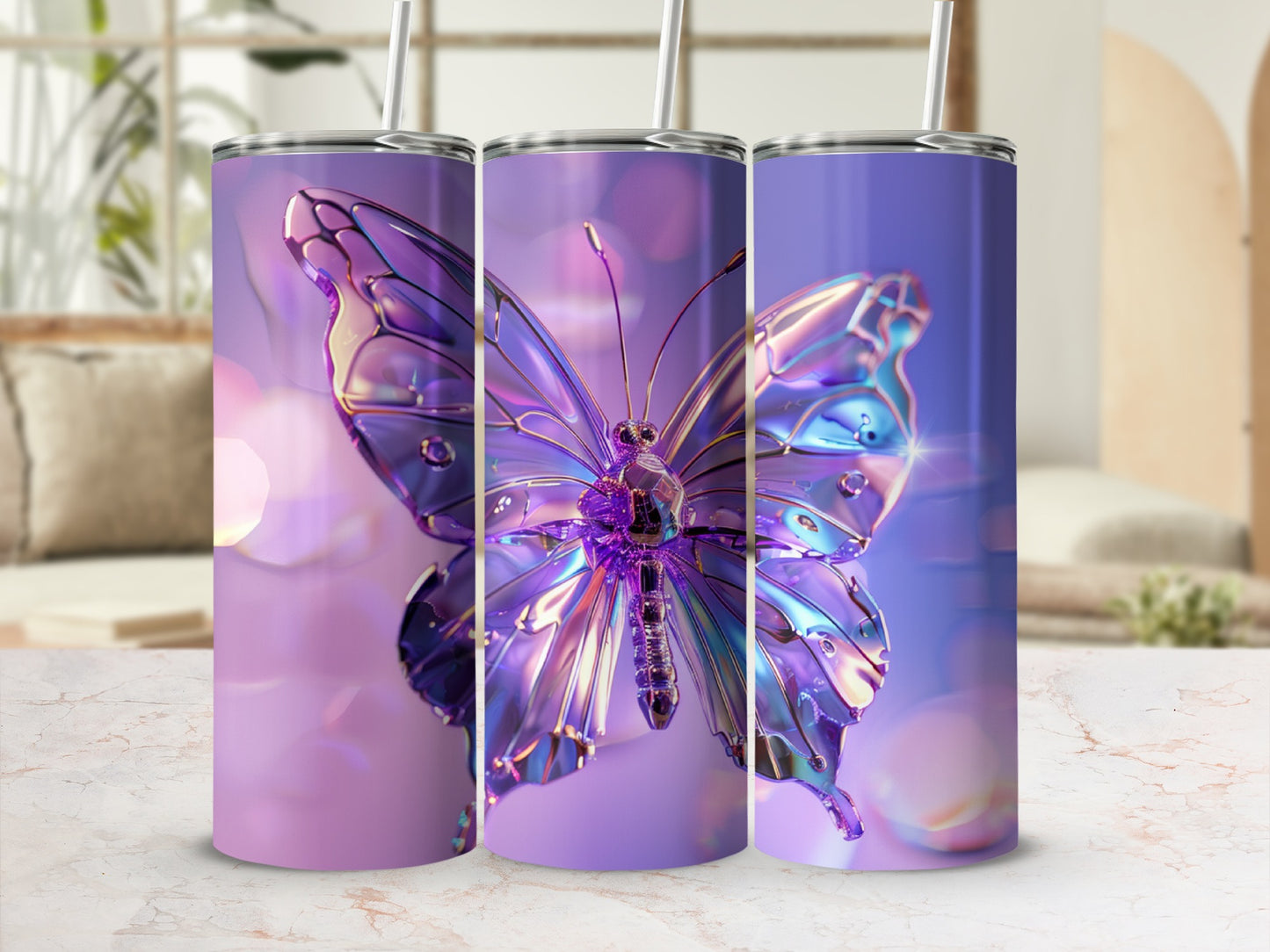 Purple iridescent butterfly tumbler with straw, set of three.