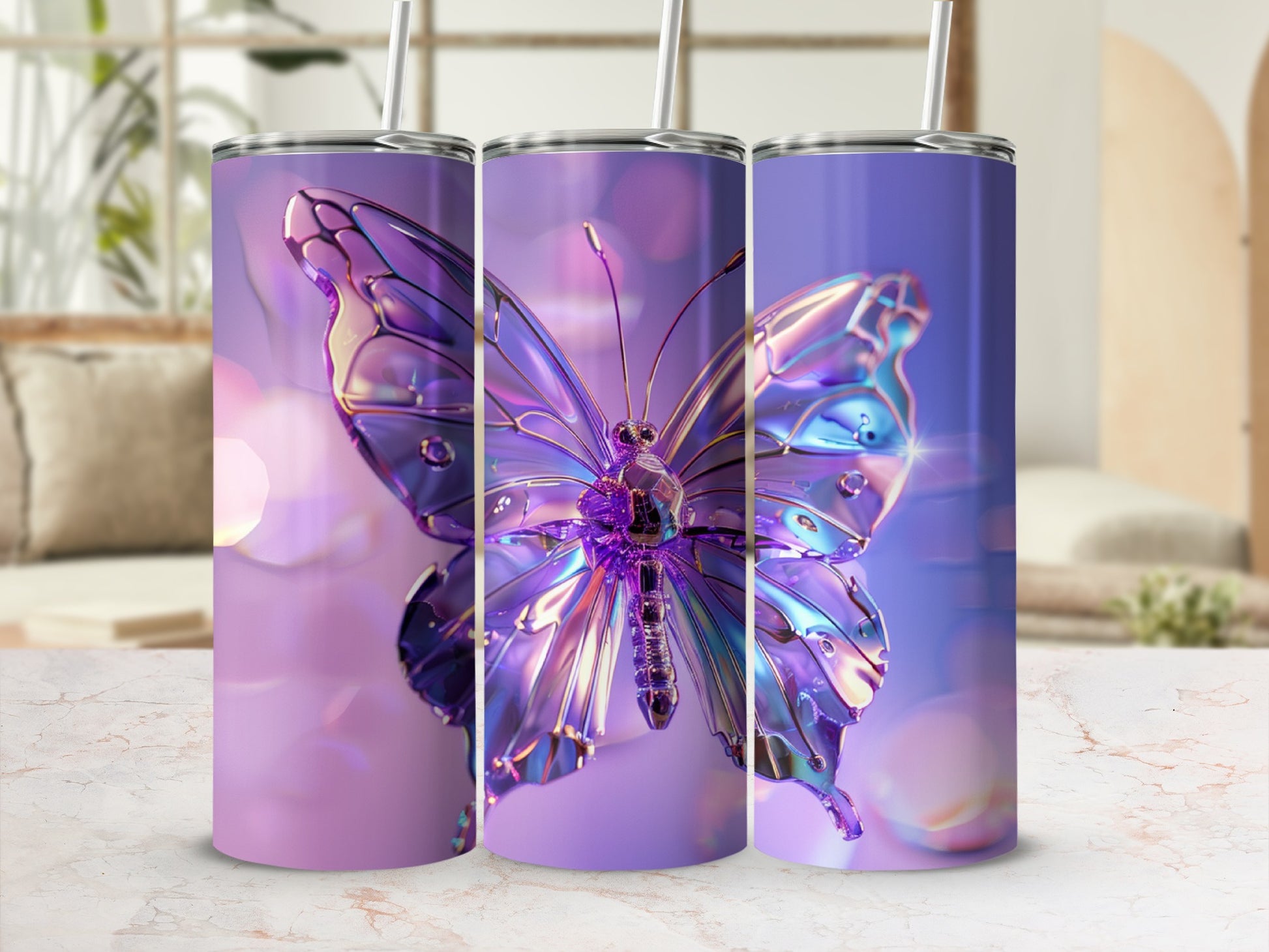 Purple iridescent butterfly tumbler with straw, set of three.