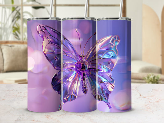 Purple iridescent butterfly tumbler with straw, set of three.