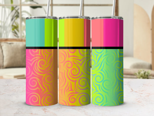Three tumblers with vibrant color blocks and swirling graphic patterns.
