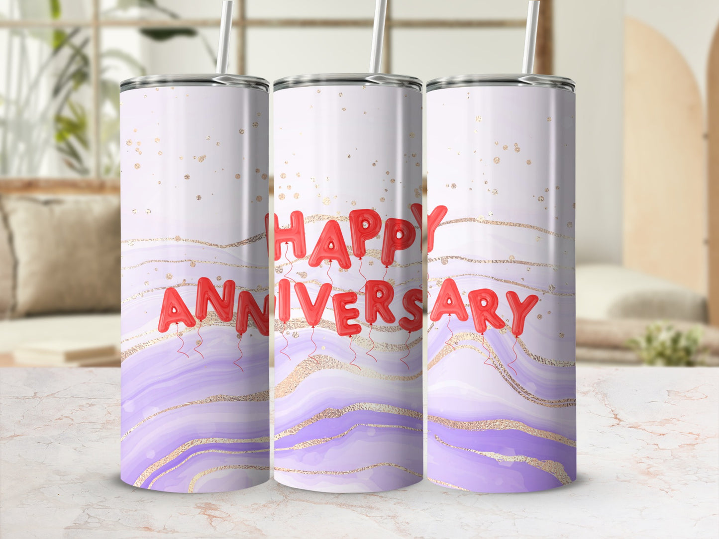 Three purple and white tumblers with "Happy Anniversary" text and gold accents.
