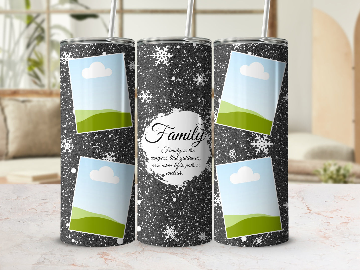 Tumbler with snowflakes, photo frames, and "Family is the compass" quote.