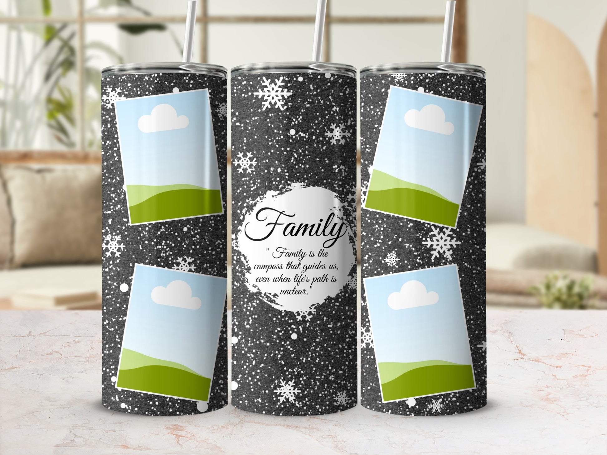 Tumbler with snowflakes, photo frames, and "Family is the compass" quote.