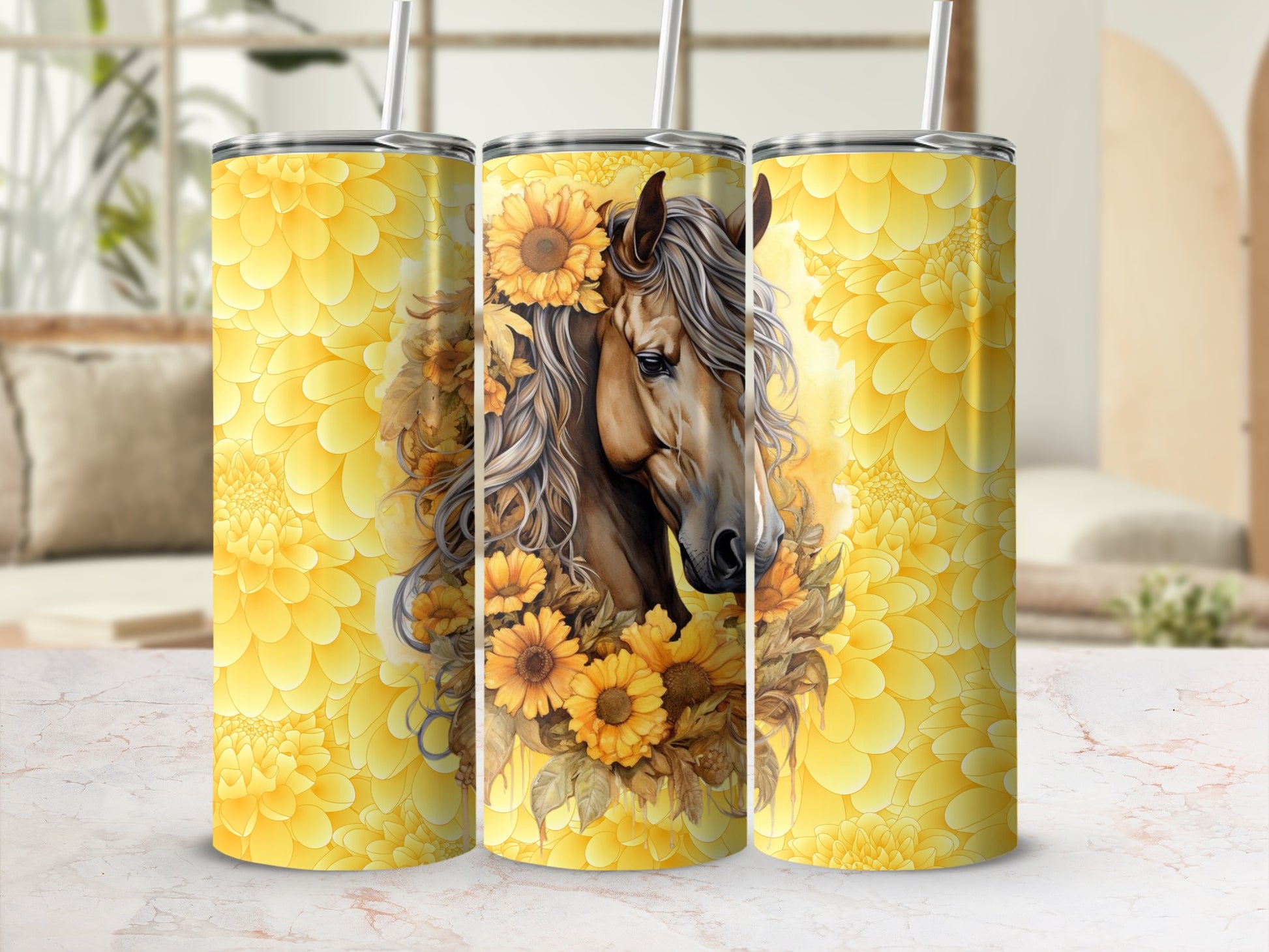 Yellow Floral Horse Tumbler Stunning Sunflower Art
