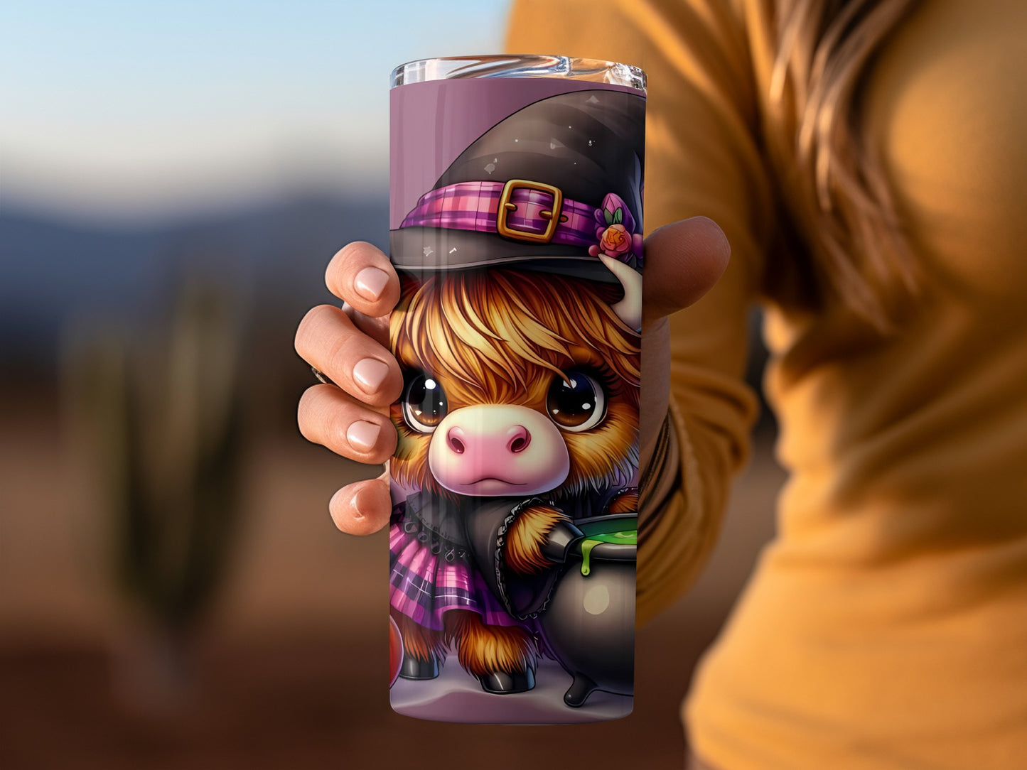 Adorable Highland Cow in Witch Hat Tumbler Cup