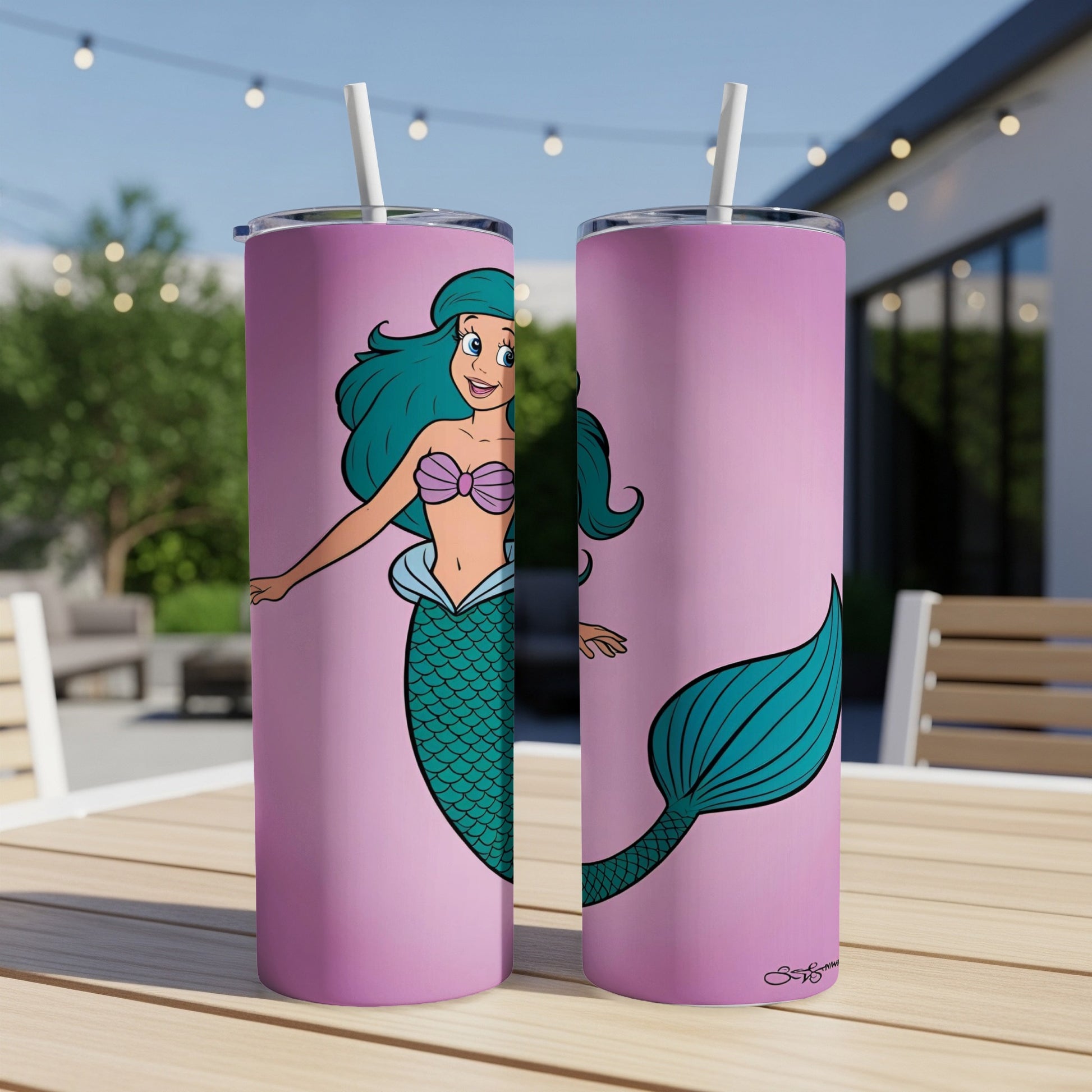 Cartoon mermaid with teal tail and blue hair on pink background.