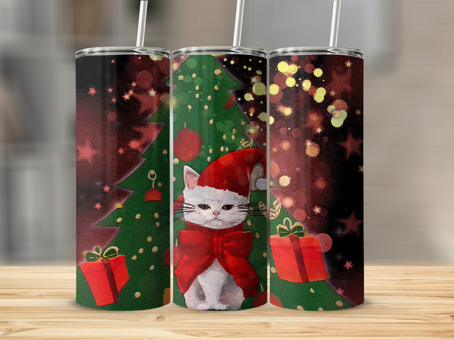 Three tumblers with a Christmas cat wearing a Santa hat and bow tie.