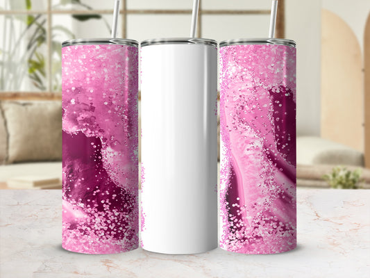 Three tall, skinny tumblers with pink glitter and abstract designs.