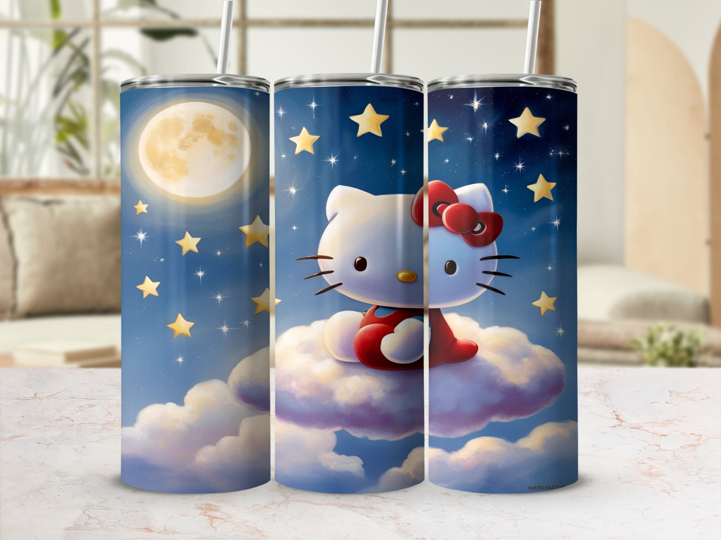 Hello Kitty sitting on a cloud under a starry night sky.
