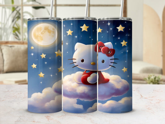 Hello Kitty sitting on a cloud under a starry night sky.