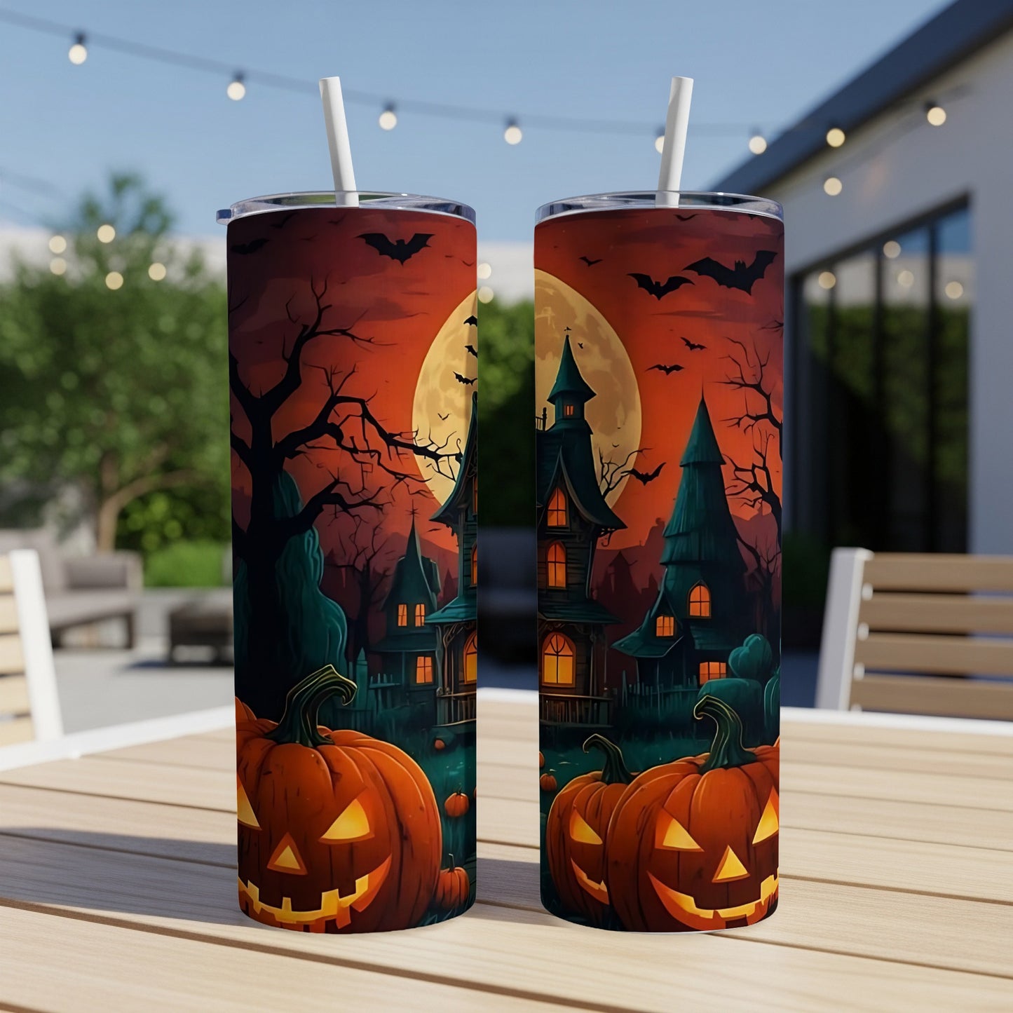 Two tumblers with a spooky Halloween scene featuring jack-o'-lanterns and haunted houses.