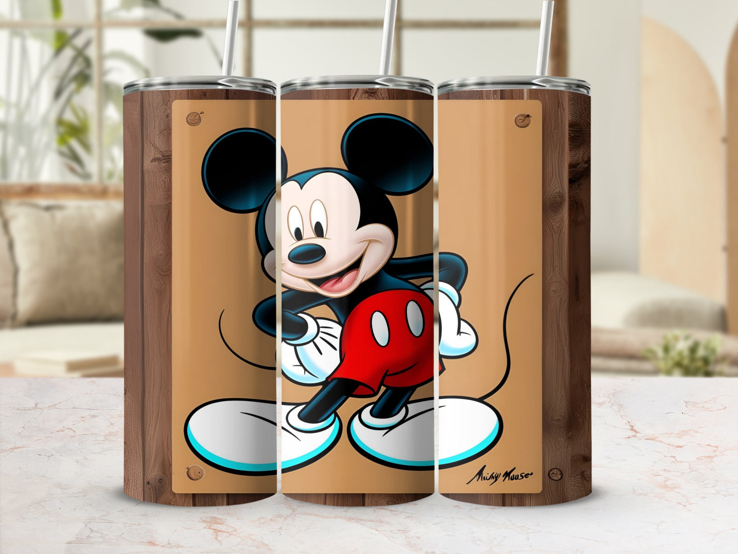Mickey Mouse on a wood-grain tumbler with a straw.