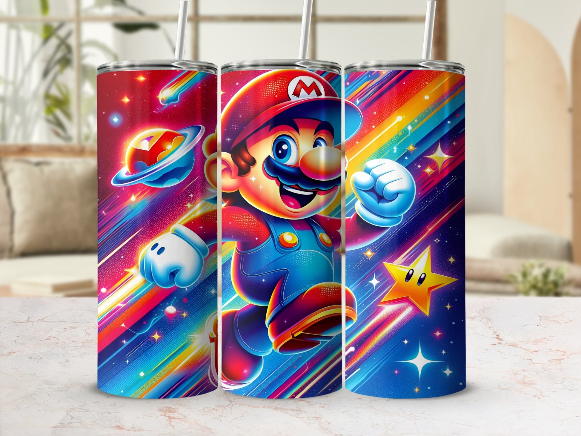 Mario character running through colorful galaxy with stars and planets.