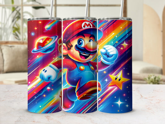 Mario character running through colorful galaxy with stars and planets.