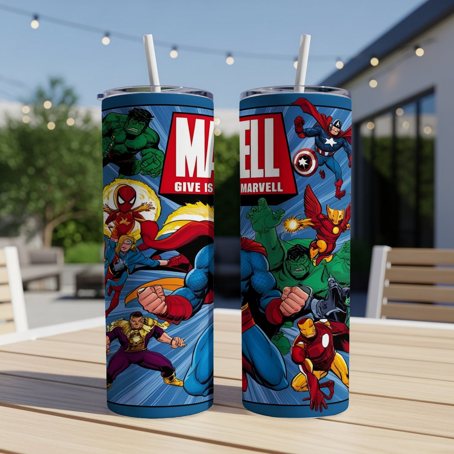 Marvel characters including Hulk, Iron Man, and Captain America on blue tumblers.