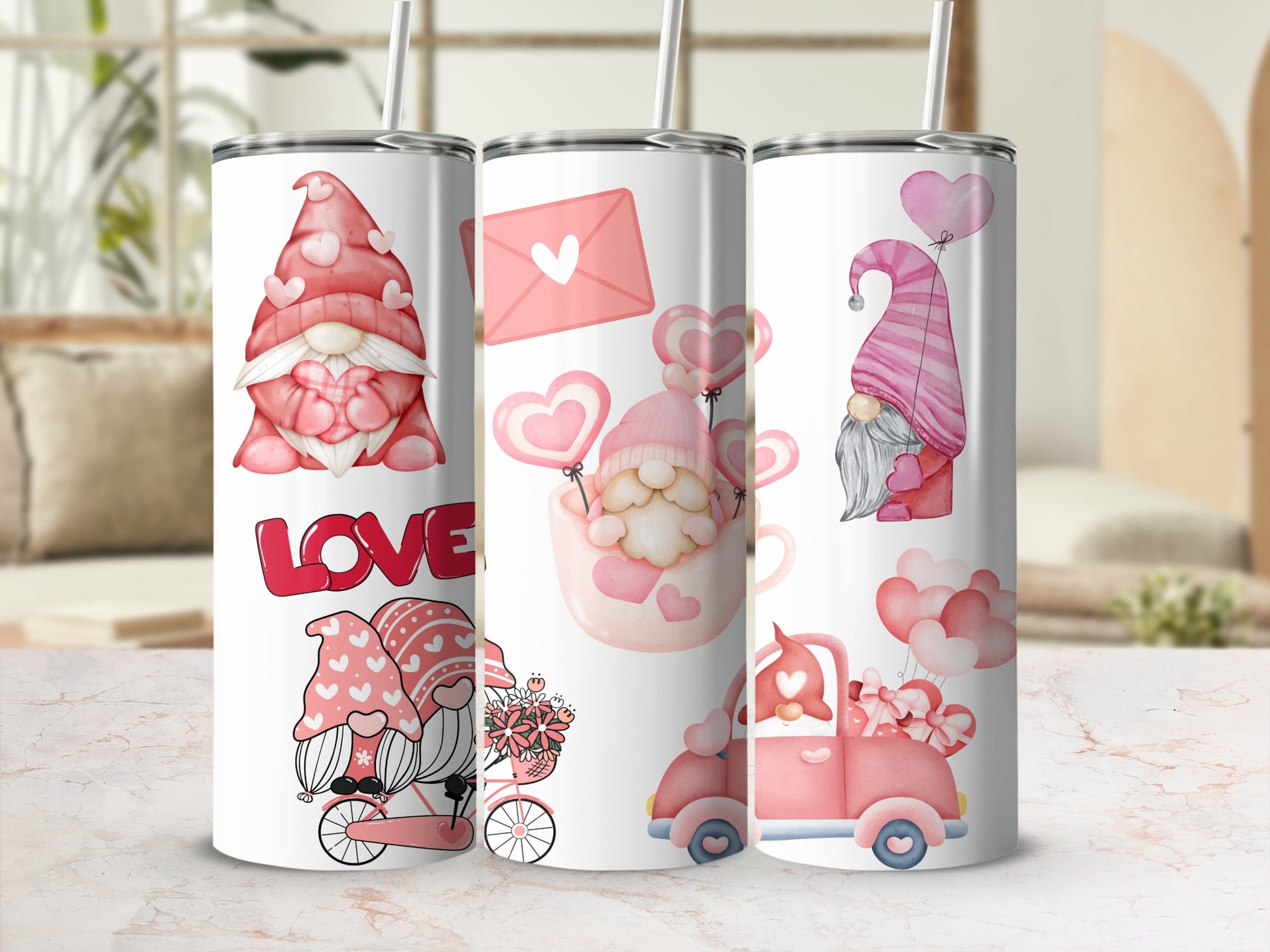 Cute Gnome Tumbler Set with Love and Heart Designs