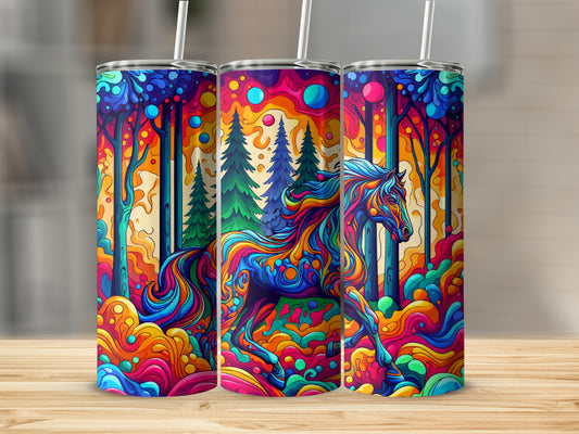 Three tumblers with a colorful psychedelic horse and forest design.