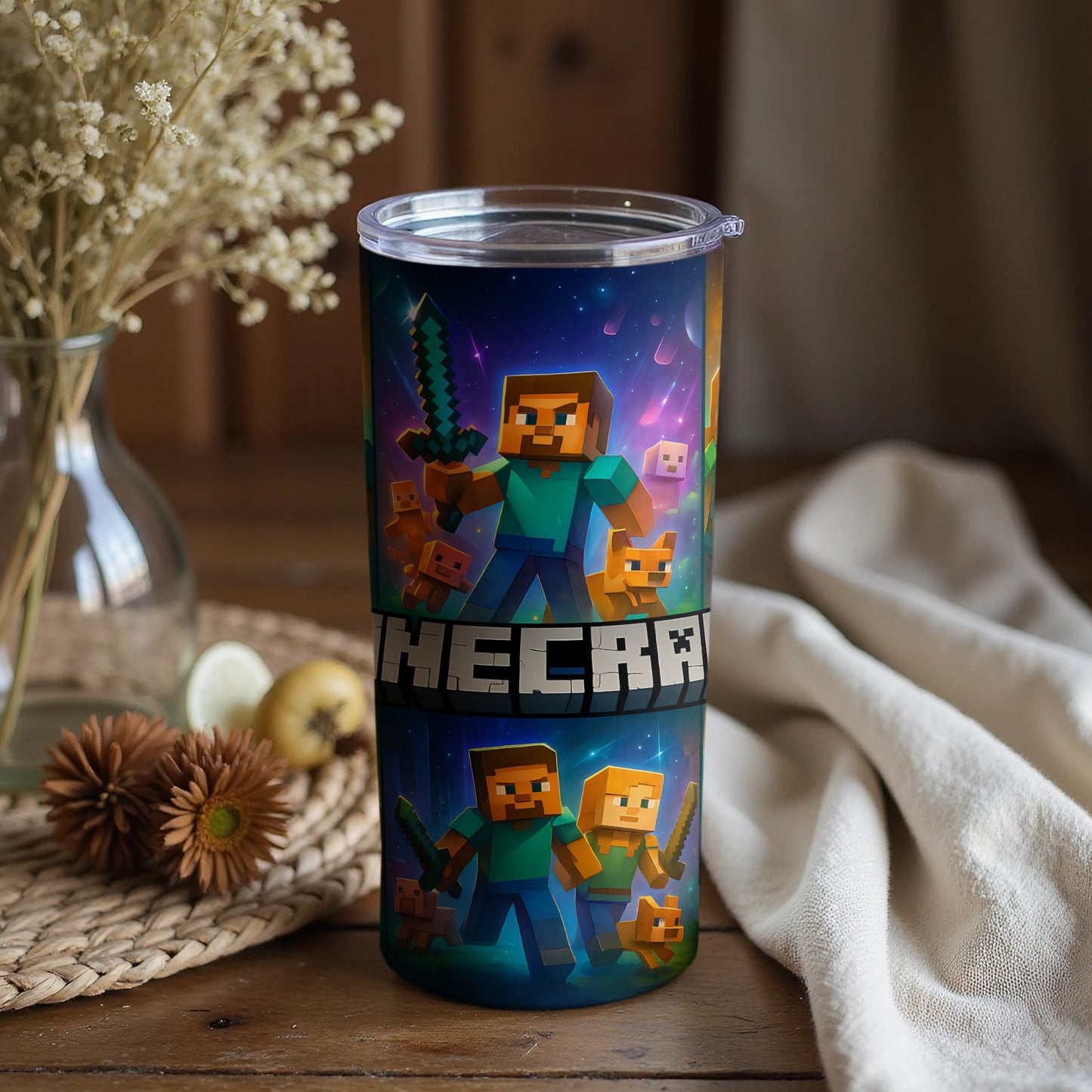 Minecraft Themed Travel Tumbler with Straw Lid