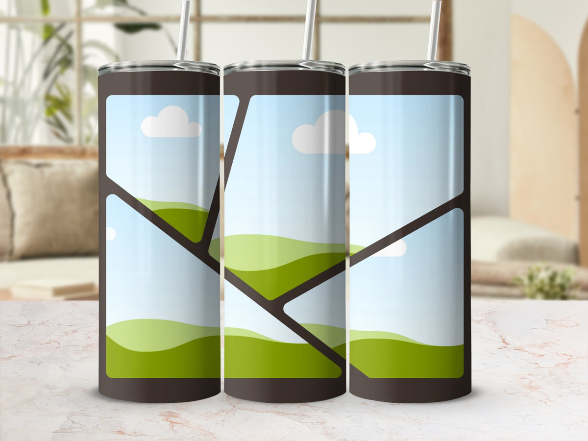 Three tumblers with a landscape design of green hills and blue sky.