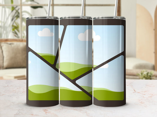 Three tumblers with a landscape design of green hills and blue sky.