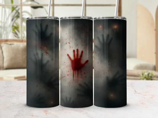 Three tumblers with a spooky bloody handprint and shadowy figures design.