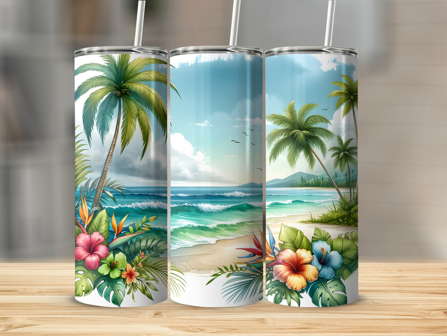 Beach scene with palm trees, ocean, and tropical flowers on three tumblers.