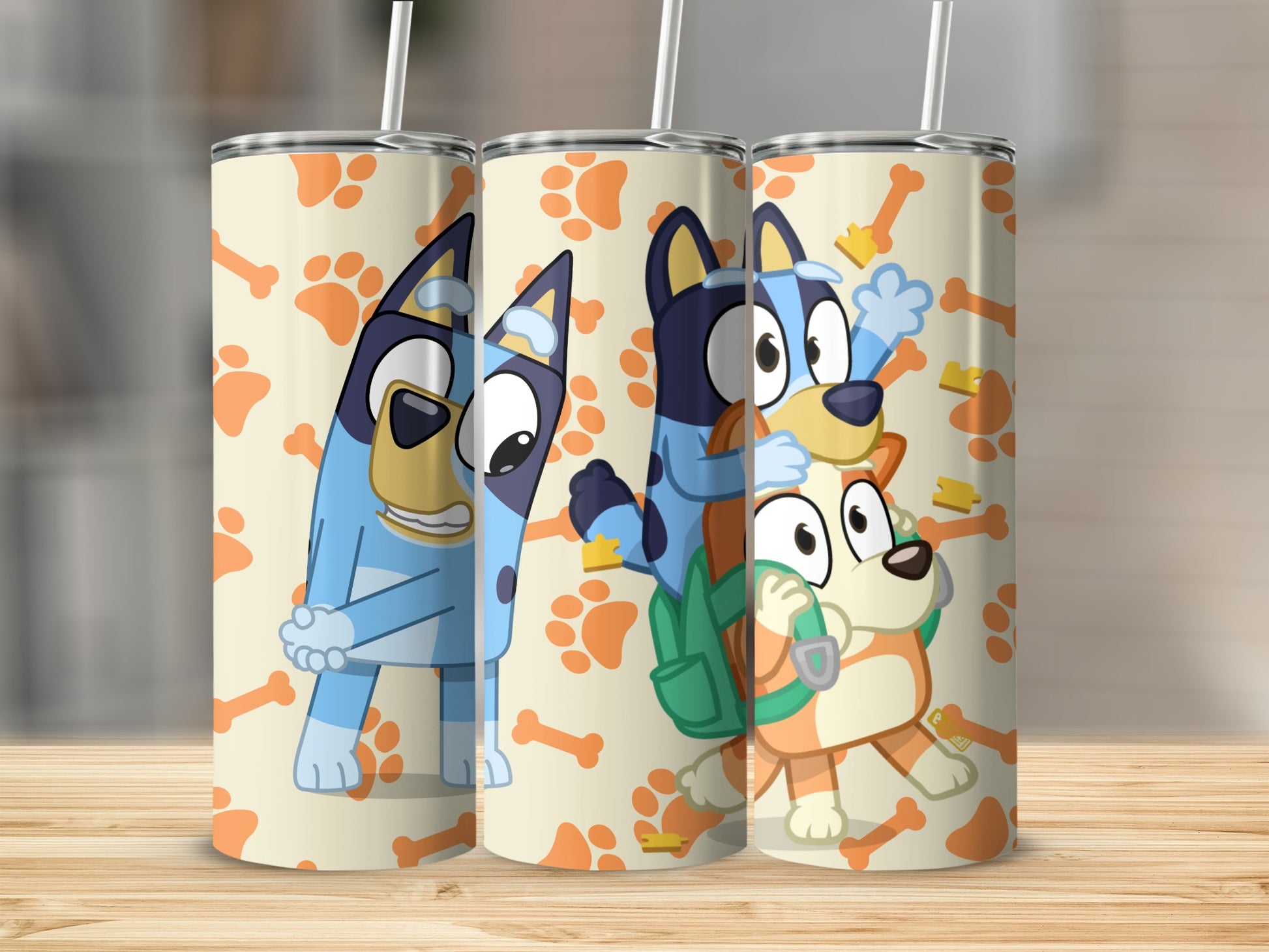 Blue Cartoon Dog and Puppy Tumbler with Orange Paws Design