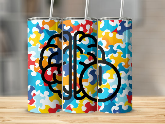 Vibrant Puzzle Pattern Tumbler With Brain Design